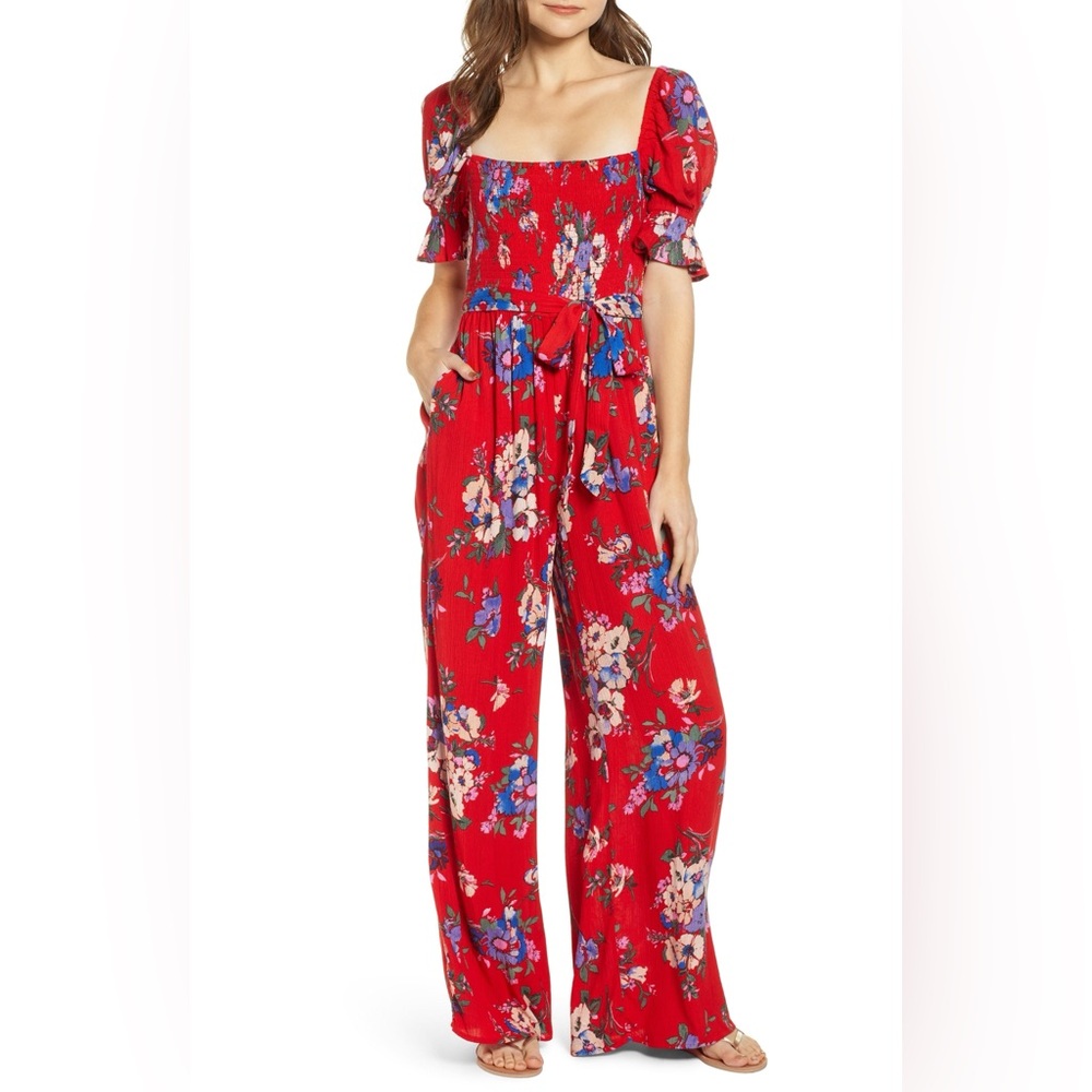 Red Floral Square-Neck Wide Leg Jumpsuit
